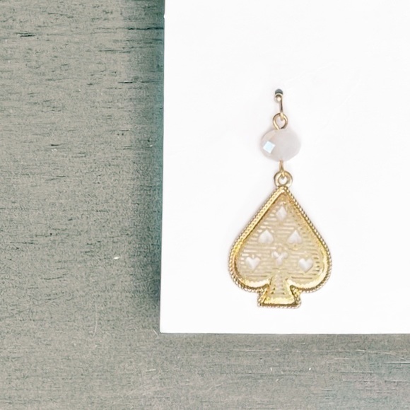 ♠️ Brushed Gold Spade Heart Diamonds Club Cards White Faceted Stone 2" Earrings - Picture 2 of 2
